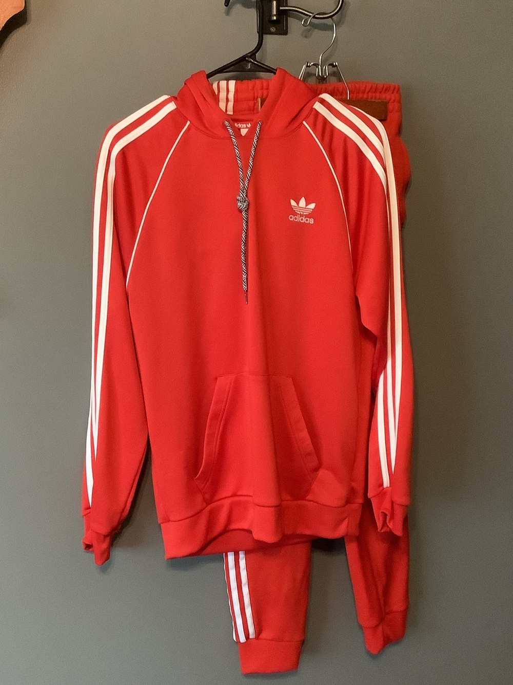 Adidas Men’s Small Red Hoodie & Joggers Set with White Stripes